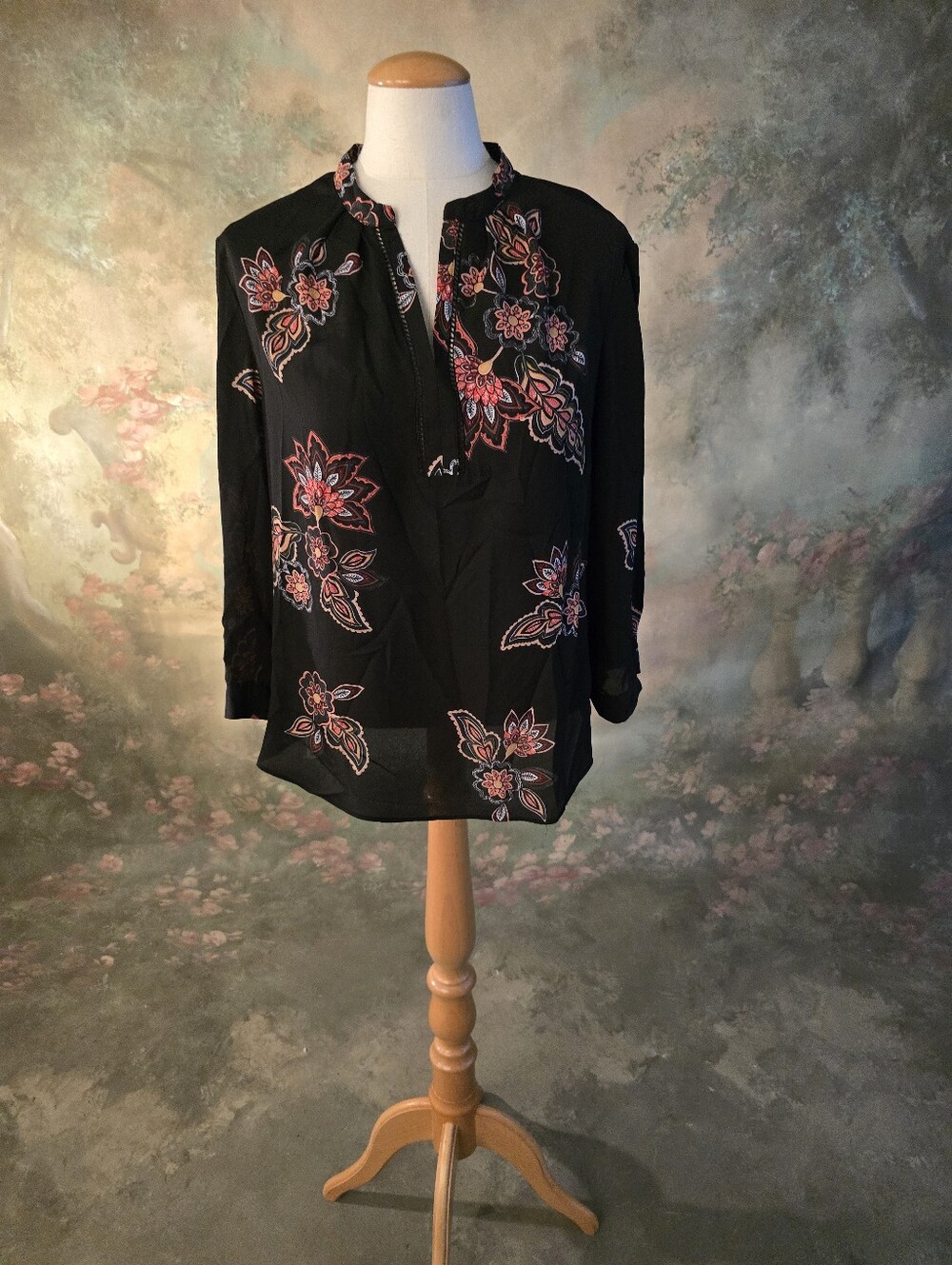 Zac & Rachel Petite Long Sleeve Split Neck Floral Blouse Coral Pink Black PM